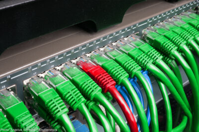 Server rack with green and red wires