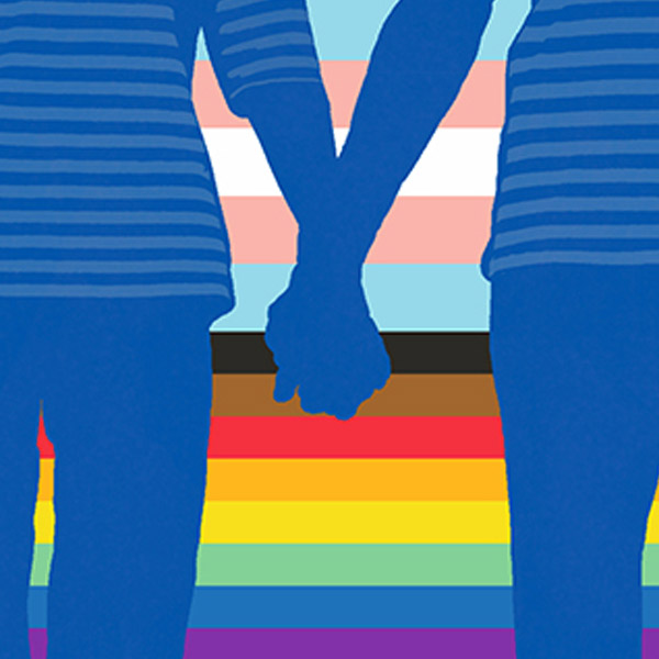 A silhouette of two people holding hands in front of Trans and LGBT Pride flags