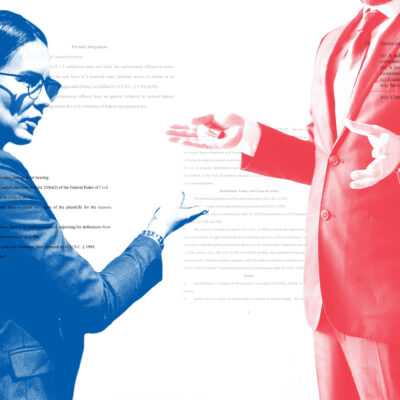 A photo collage of two lawyers, one shaded blue and one shaded red, against a white background with bits of text from legal documents layered over them and in the background