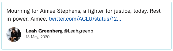 Mourning for Aimee Stephens, a fighter for justice, today. Rest in power, Aimee.