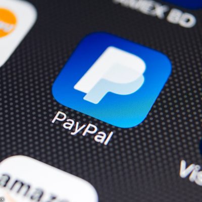 PayPal application icon on Apple iPhone 8 smartphone screen close-up.