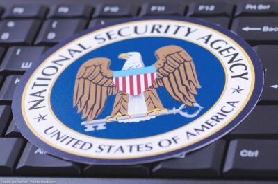 The National Security Agency seal on a keyboard.