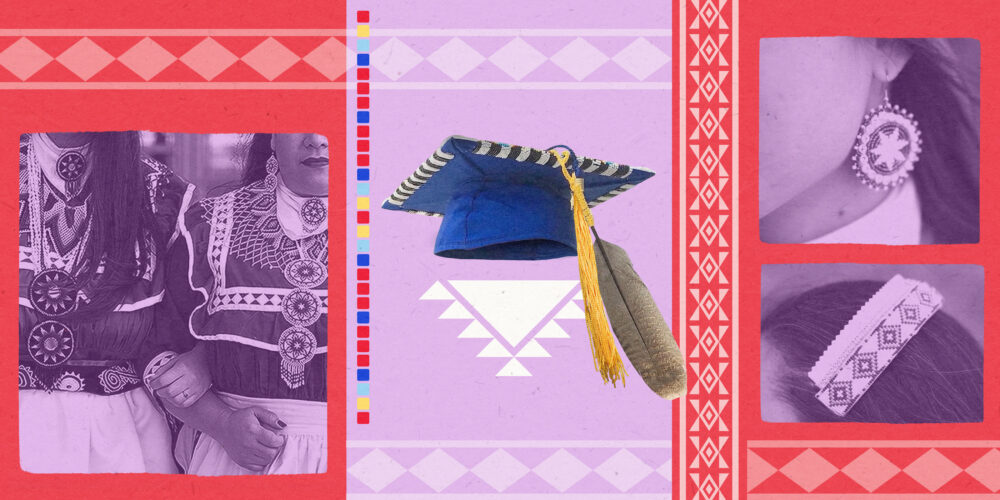 A photo collage that displays a graduation cap and tribal regalia. Indigenous students are fighting against schools that prohibit wearing these items at graduation.