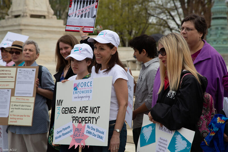 Activists set against gene patenting gather in front of the US Supreme Court prior to the Association for Molecular Pathology v. Myriad Genetics hearing.