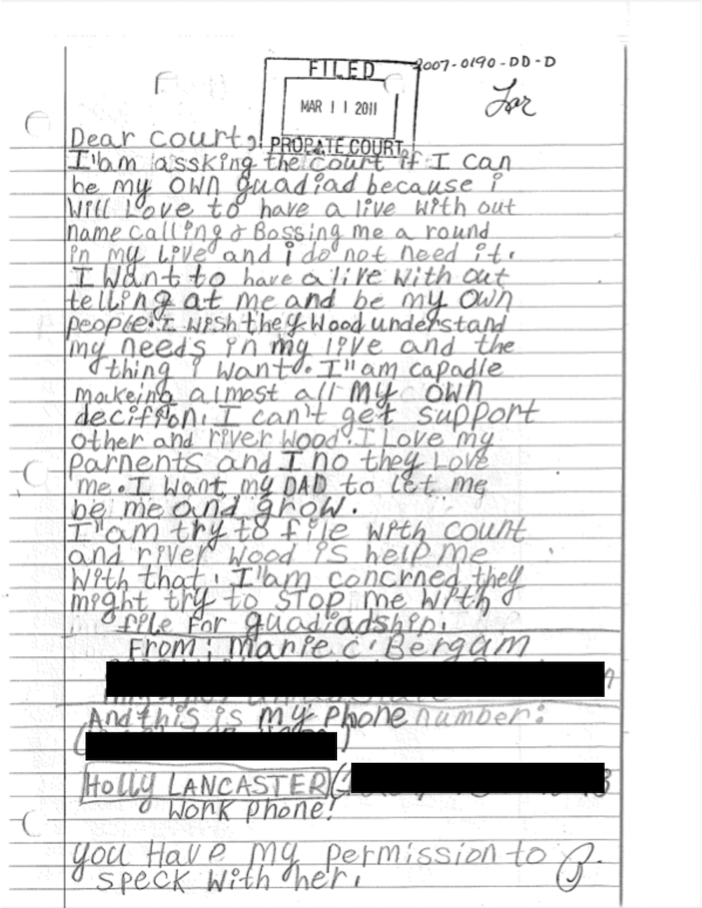 A photo of the letter Marie wrote, asking the court to end her guardianship.