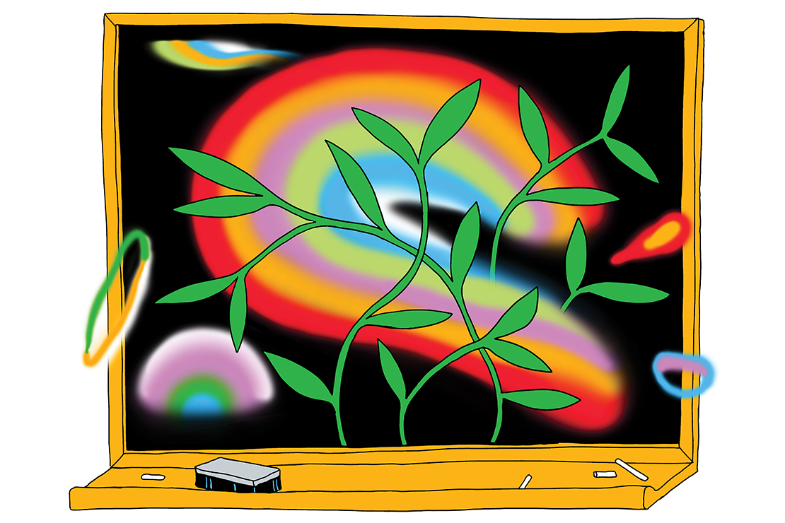 Right To Learn featuring a blackboard with vines and rainbows illustration.