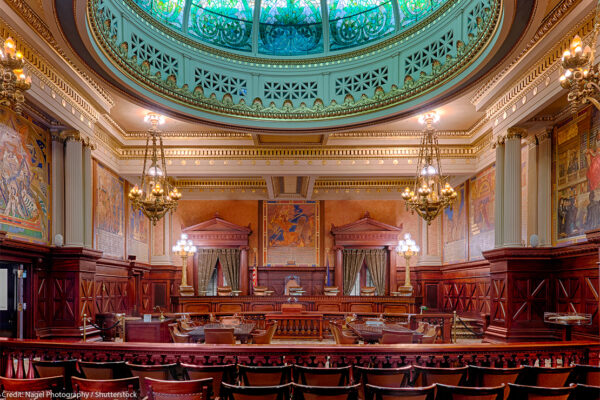The stained glass green dome is visible in the Supreme Court Chamber in the Pennsylvania State Capitol building.