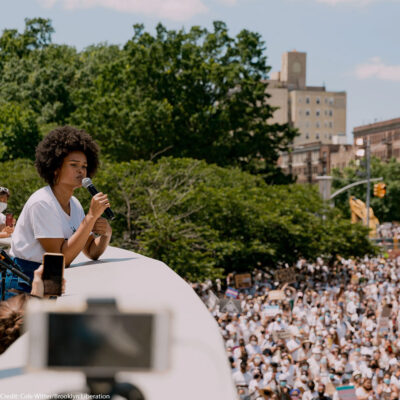 Activist Raquel Willis speaks before a crowd of thousands at the march for Black trans lives at the Brooklyn Museum in 2020