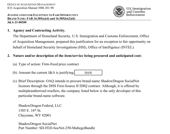 ShadowDragon ICE procurement document