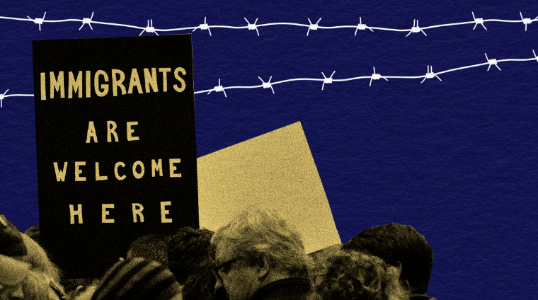 A graphic that includes an individual holding a sign that says Immigrants Are Welcome Here.