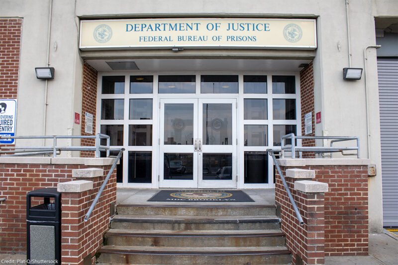 Entrance to the Department of Justice Federal Bureau of Prisons in Brooklyn, NY.