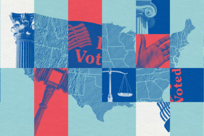 A graphic featuring a map of the United States and different voting and legislative motifs.