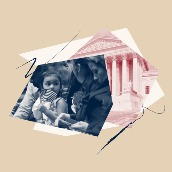 A collage image featuring an image of the Supreme Court and an image of a young girl waving an American flag.