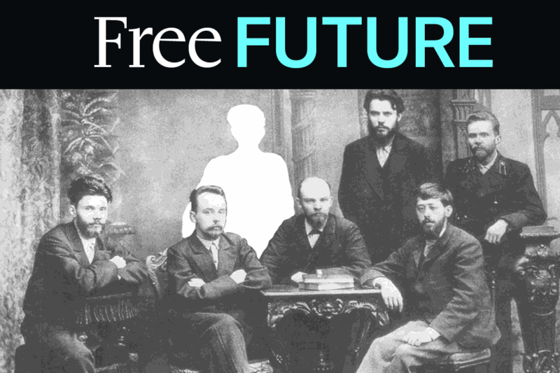 A Soviet-era photo with the white outline of a disfavored person erased