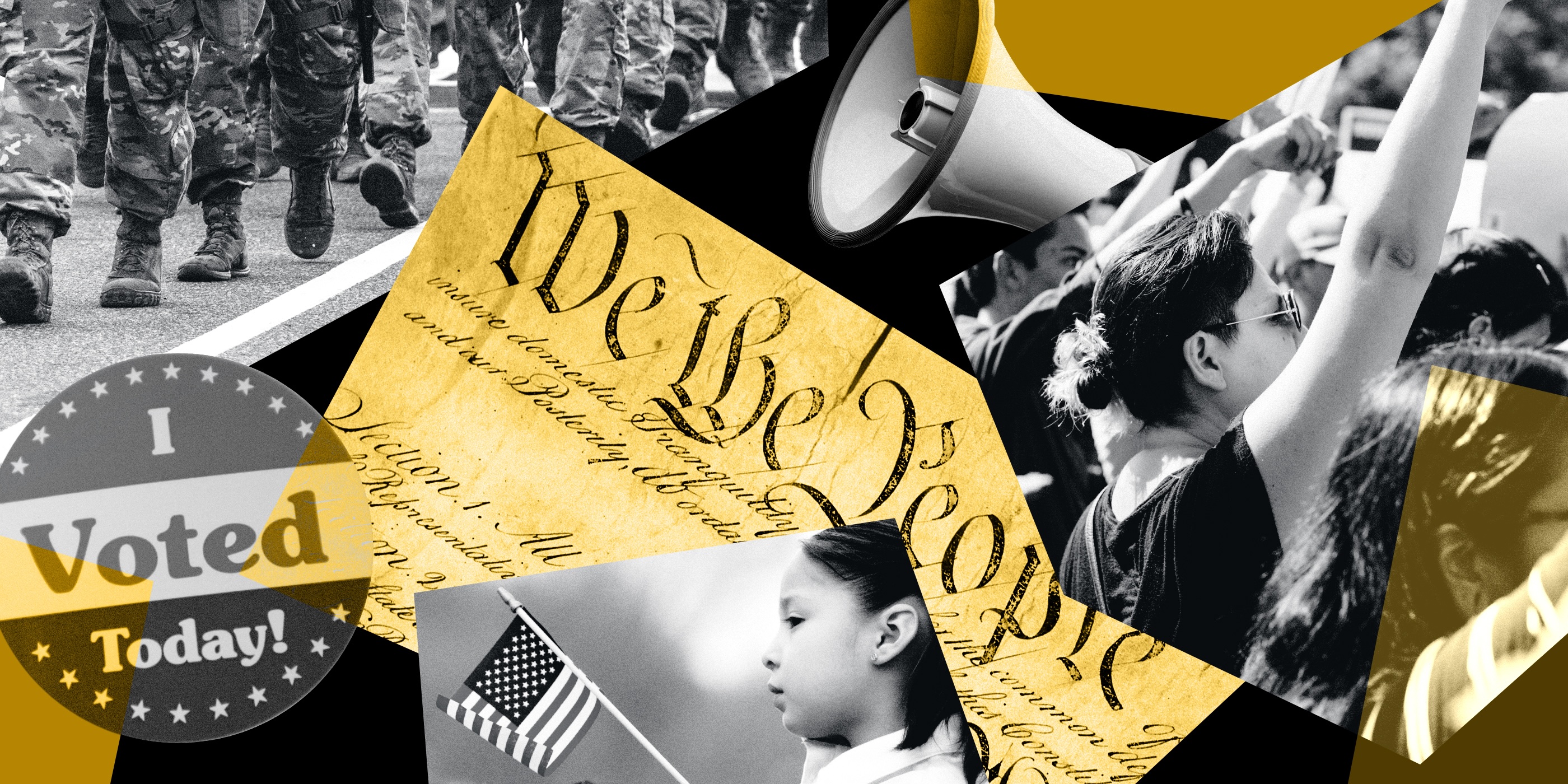 A collage of Know Your Rights scenarios, prominently featuring an image of the Constitution.