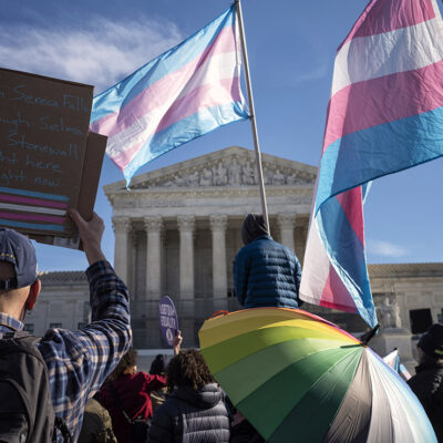 A group of demonstrators, in front of the Supreme Court, some of which hold transgender flags.